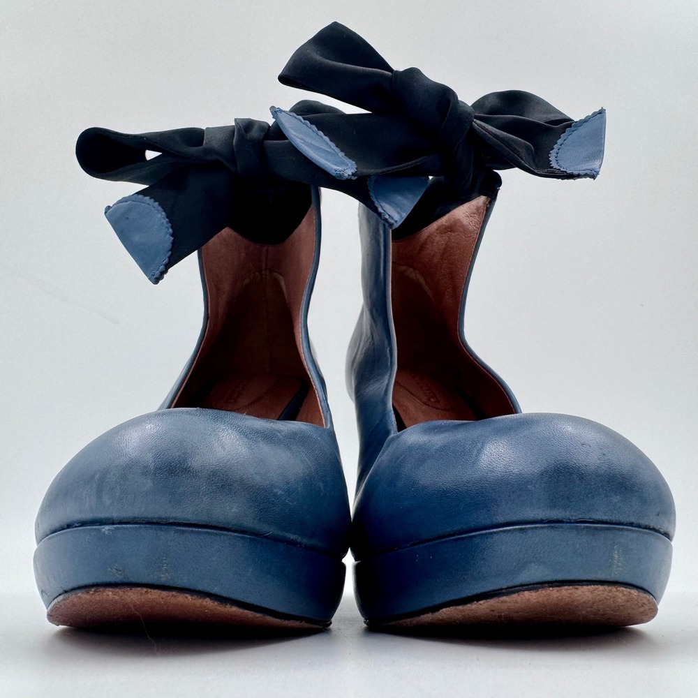 CC Corso Como Blue Leather Wedge Pumps Ankle Bow Platform Heels Brazil Size 8 - Picture 5 of 8